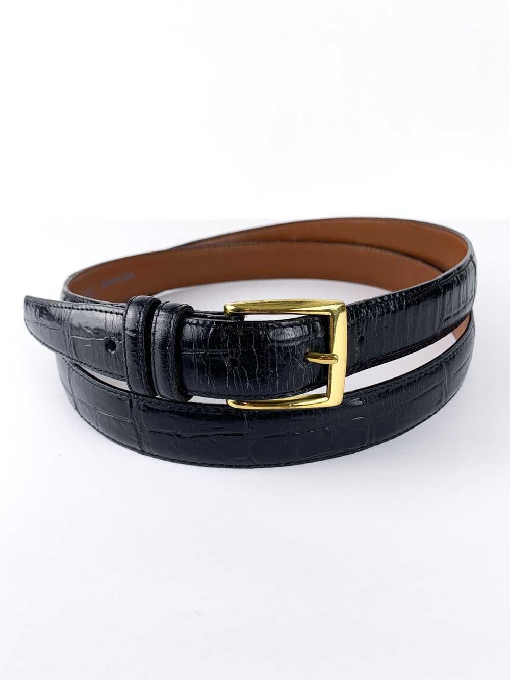 Vintage Brighton black crocodile embossed leather belt brass buckle mens size 52